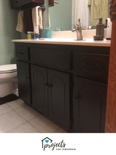 updated bathroom vanity with gel stain
