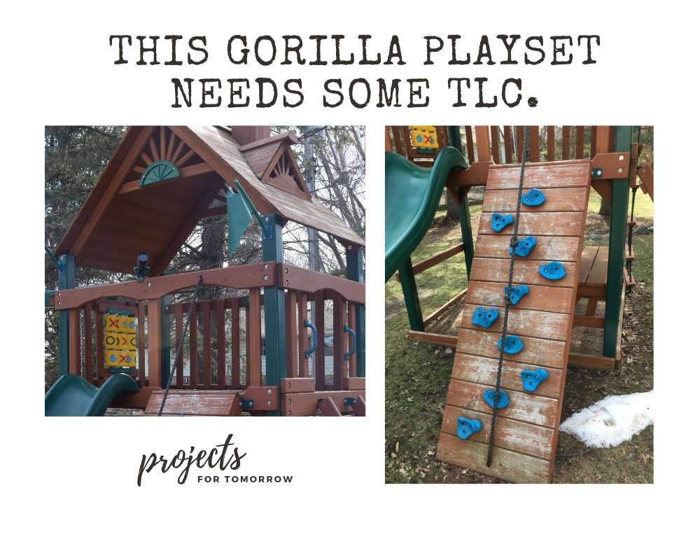 Gorilla playset with scratched and deteriorated wood