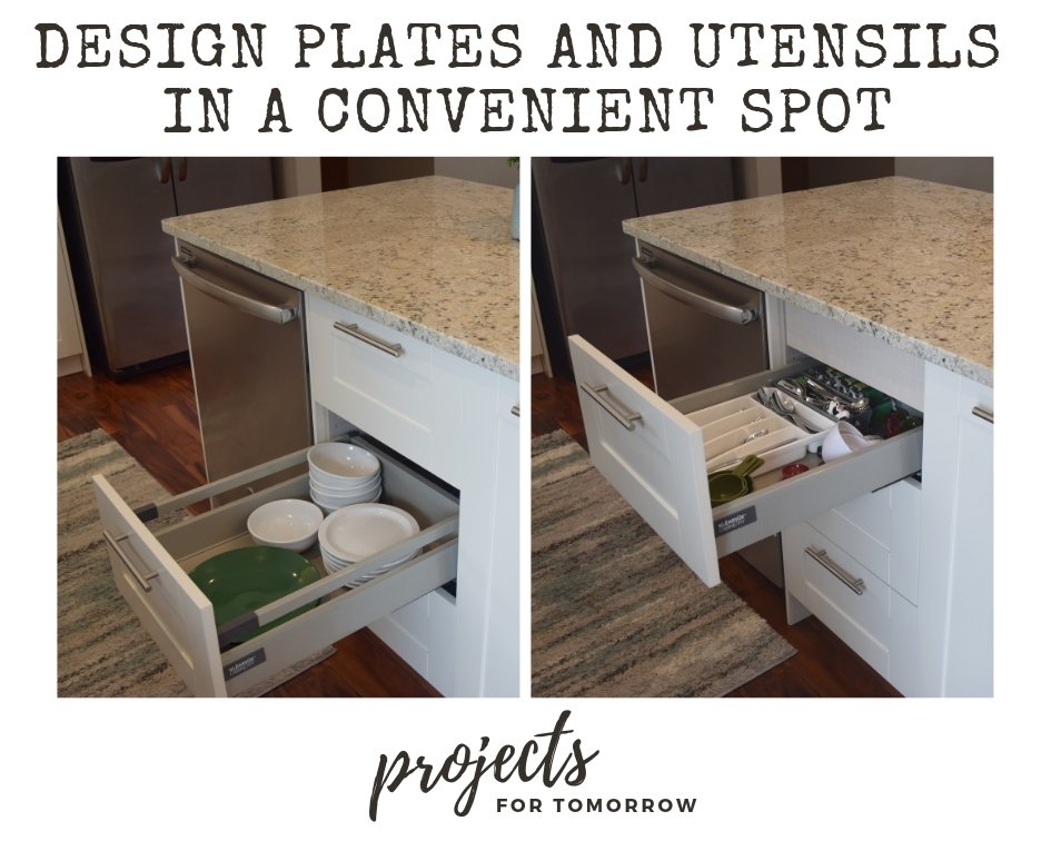 Design plates and utensils in a convenient spot during a kitchen remodel.