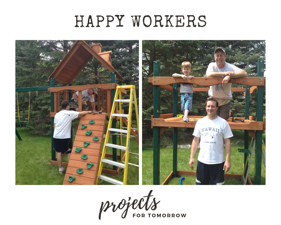 workers assembling playset and image of father son and grandpa posing in front of the makings of the playset fort. text reads happy workers.