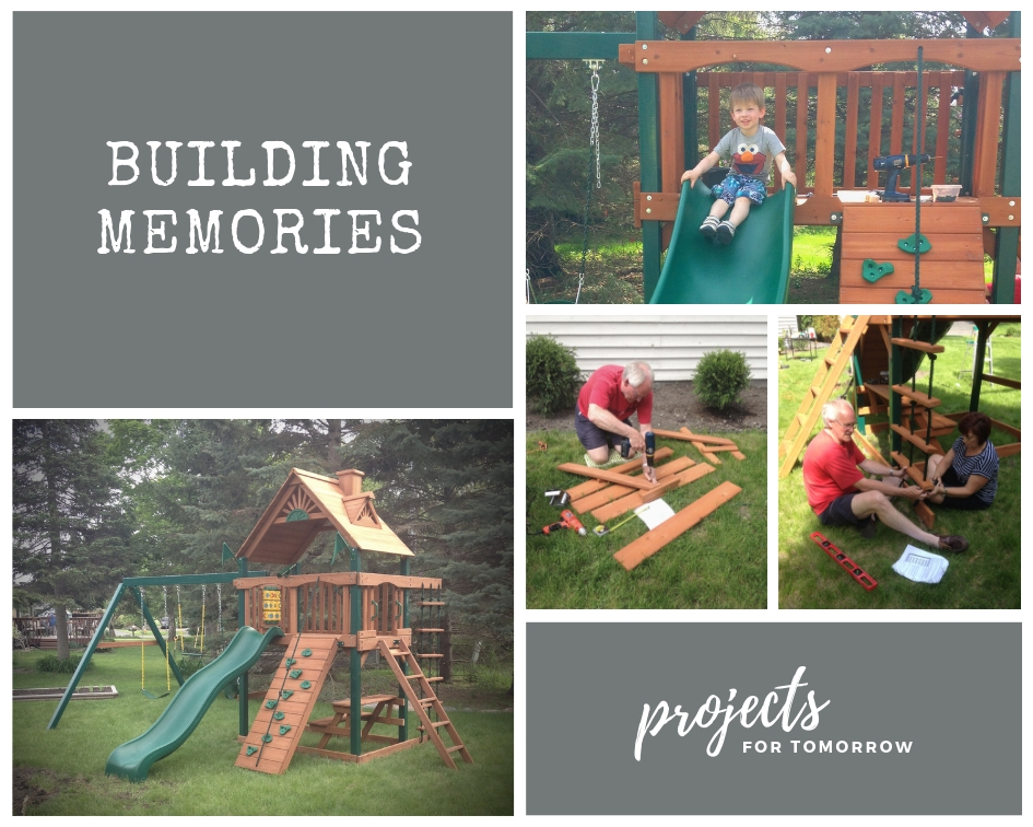 building memories montage, playset, child at the top of the slide, grandparents working on section of playset