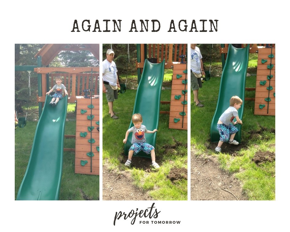 again and again, a childs joy as he slides down the slide