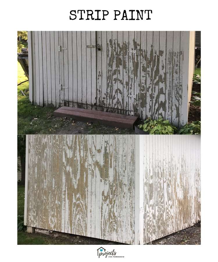 scraping paint off of a wooden shed
